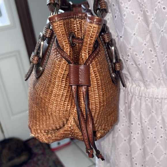 Fossil Vintage Straw bag/leather trim cinnamon brown/brown Silvertone 3 compart - Picture 10 of 17
